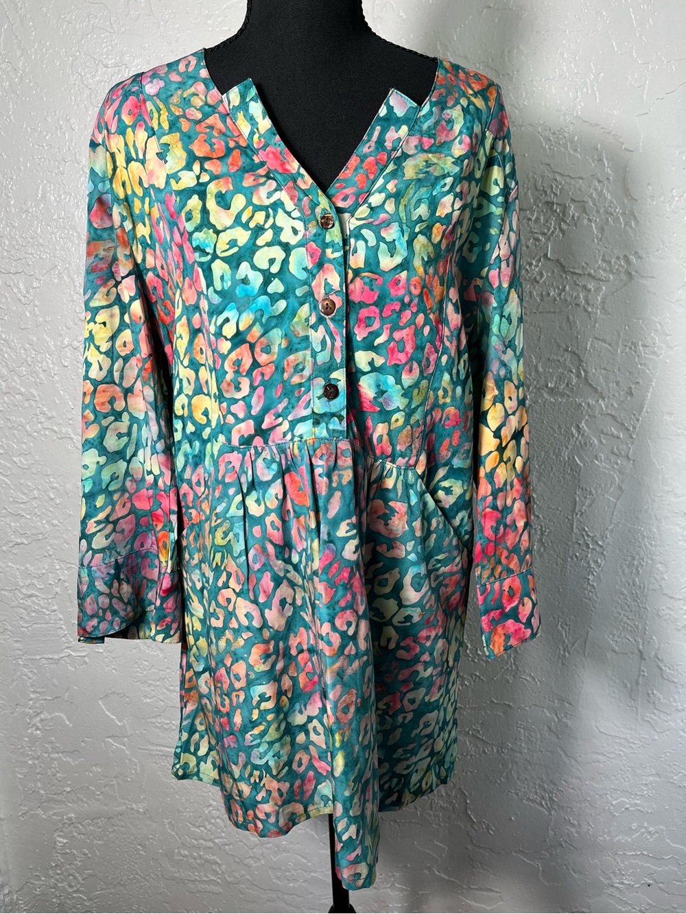 Go Fish Boho Batik Tunic Top L Handmade Rayon‎ Cottagecore Festival